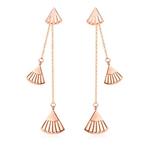 Titanium Steel Rose Gold Plated Shiny Hollow Fan Shape Ear Stud Long Tassel Chain Drop Dangle Earrings