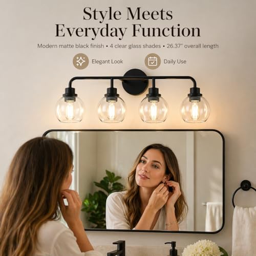 Image of DORESshop Bathroom Light Fixtures, 4-Light Black Vanity Lights Over Mirror, Wall Lamp Clear Glass for Living Room Decor Bedroom Porch Cabinet