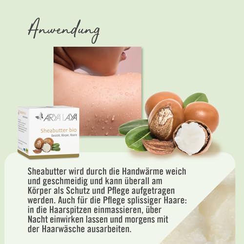 ARYA LAYA Sheabutter bio, 100 ml: Aus kontrolliert biologischem Anbau, für sehr trockene oder rissige Hautpartien & splissige Haarspitzen, vegan