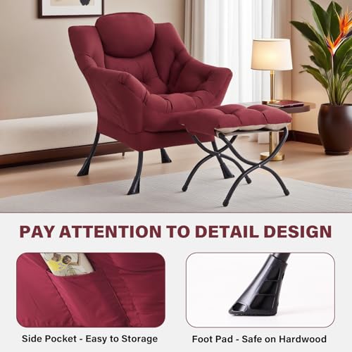 Image of Tiita Lazy Chair with Ottoman, Red Modern Large Accent Chair, Comfy Leisure Sofa Armchair with Ottoman, Reading Chair with Footrest for Bedroom, Living Room, Dorm Rooms, Wine red