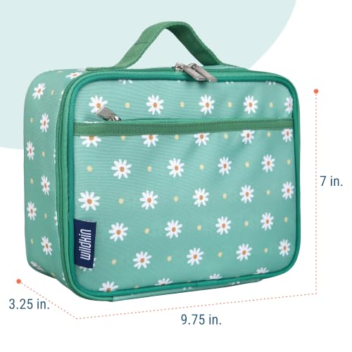 Image of Wildkin Insulated Lunch Box for Kids, Daisy | 9.75 x 7 x 3.25 in insulated lunch box with roomy main compartment, front zip pocket and interior mesh pocket.