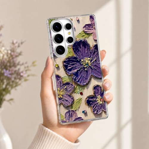 Image of Elzzi Compatible with Samsung S26 Ultra Case Laser Flower Oil Painting Cute Colorful Blue Ray Bumper with Full Camera Protection Shockproof PC+TPU Glossy Shiny Cover for Girls Women, Purple