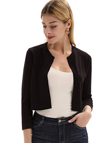 Women Short 3/4 Sleeve Cropped Sweater Bolero Shrug Cardigan Black S #TOP2
