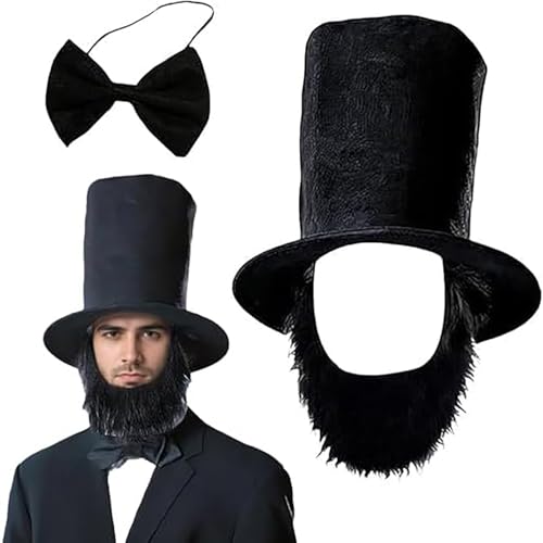 3PCS Gentleman Top Hat Beard & Bowtie Set for Patriotic Day, Abe President Costume Halloween Cosplay Dress Up Outfit