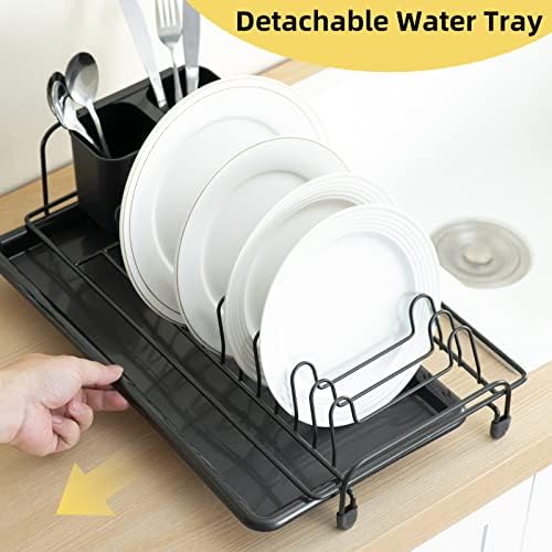 Dish rack Compact Dish Drying Draining Rack Plate Drainer Rack Anti-rust Dish Drying Rack with Removable Cutlery Holder & Drip Tray Compact Plate Drying Rack for Kitchen Counter Cabinet, Black