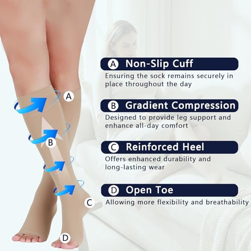 Image of LIN PERFORMANCE 20-30 mmHg Compression Socks for Women Men Knee High Open Toe Leg Support Stockings for Daily Comfort Travel (Nude,L)
