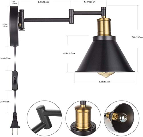 Aplique de pared industrial con brazo oscilante e interruptor para iluminar el dormitorio 4