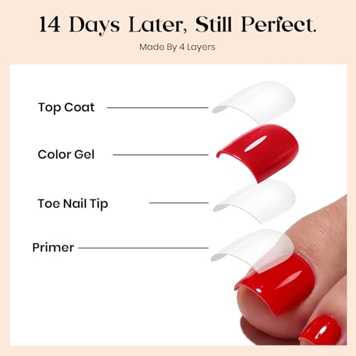Image of Beetles X Press Red Toenails - Cherry Rouge | Red Short Square Press On Toe Nails | 150 Pcs 15 Sizes Natural Salon Quality Gel Nail Tips For Women