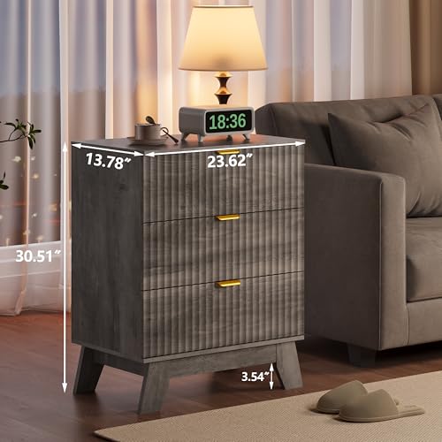 Image of Fluted Nightstand with 3 Large Drawers, Wooden Side End Table with Elevated Legs for Easy Cleaning, Sturdy Modern Beside Table for Small Space, Bedroom, Grey, 24 inch L