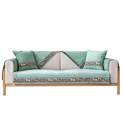 Chenille Broderie Housse de canapé Housse d'accoudoir pour Chaise canapé canapé Anti-dérapant Meubles Protecteur,Vert,taie d'oreiller 45x45cm Cover
