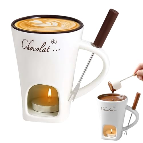 Hojalis Tasse À Fondue Au Chocolat, Céramique Tasse Fondue au Chocolat avec Fourchette et Bougie À Thé, 130ml Services à Fondue au Chocolat pour Le Fromage, Le Chocolat, Fête De Dessert