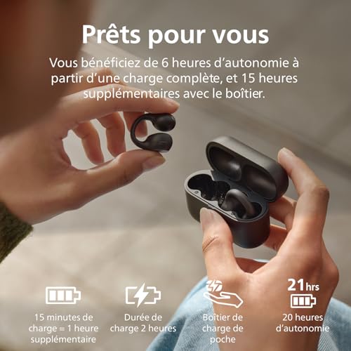 Philips TAQ2000BK écouteurs True Wireless Style oreillette, Conception Open Ear - multipoint Bluetooth, autonomie 28 Heures, boîtier de Charge en Format de Poche, appels clairs - Noir
