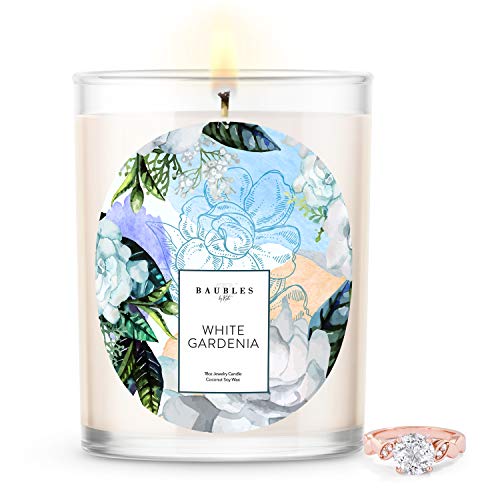 Baubles White Gardenia Scented Premium Candle and Jewelry with Surprise Ring inside | 18 oz Large Candle | Made in USA | Parrafin free | Size 07