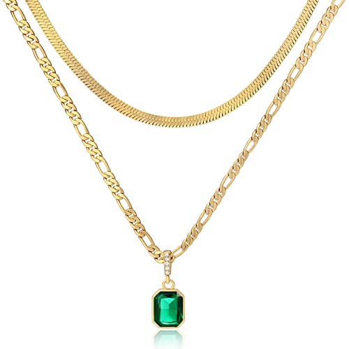 ACECHA Gold Layered Necklaces for Women, 18K Gold Plated Emerald Pendant Rectangle Necklaces for Teen, Layering Choker Necklace Jewelry Gifts