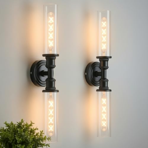 Image of Ken & Ricky Hardwired Modern 24 inch Wall Sconces Set of Two, Black | Clear Glass,Easy Install,Sconces Decor，2PK,Wall Light fixtures for Bathroom Mirror Living Room Hallway Bedroom