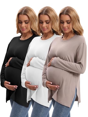 Cymebosilux 3 Pack Womens Maternity Crew Neck Long Sleeve Side Slit Yoga Activewear Loose Fit Top in Comfortable Fabric Black White Khaki Small