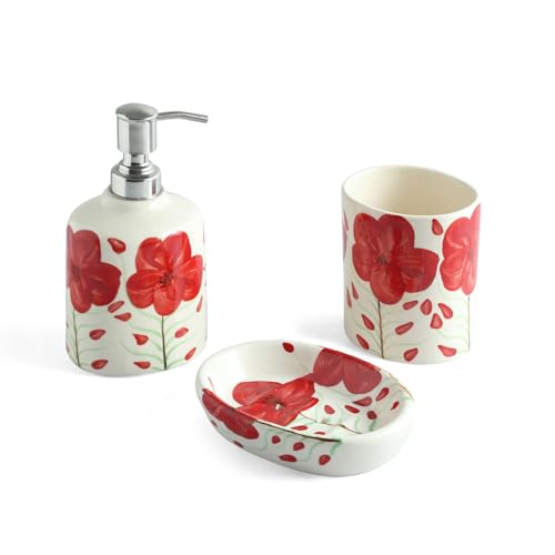 Image of ExclusiveLane 'Scarlet Bloom' Ceramic Soap Dispenser Set for Bathroom Wash Basin Bathroom Accessories Set of 3 (Liquid Soap Dispenser, Toothbrush Holder, Soap Tray Holder, Hand-Painted)