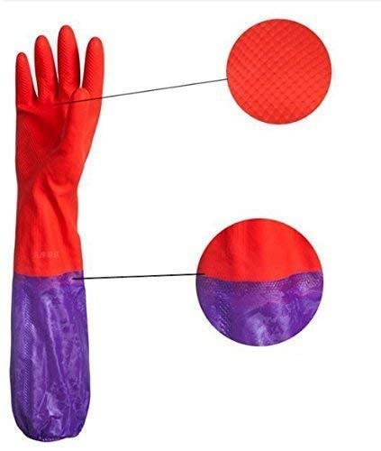 Image of Reusable Rubber Latex PVC Flock lined Long Sleeves elbow length Hand Gloves for Kitchen Dish-Washing, Cleaning, Gardening, Laundry and Sanitation and Lab Work (Long Elbow Gloves + Blue)