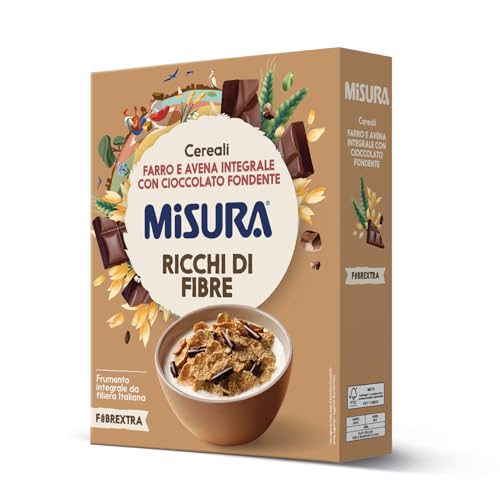 Misura Fibrextra Cereali Integrali con Riccioli di Cioccolato Fondente - Farro Integrale, Riso e Avena, con Frumento Integrale da Filiera Italiana, Confezione da 300 gr