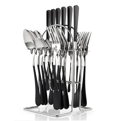 24 Pieces Flatware Set, Stainless Steel Cutlery Set with Silverware Holder, Spoons Forks Knives Set,Hanging Silverware Set Service for 6,Durable Stainless Steel Utensils Set (Black)