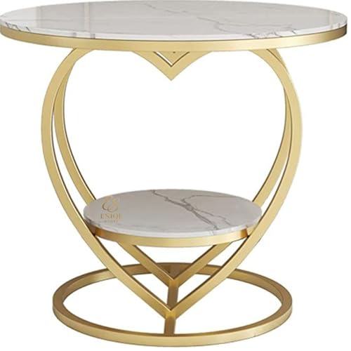 Image of Modern Round Side Table with Marble Finish Top & Metal Frame | Stylish Sofa Side Table with Bottom Shelf for Living Room, Bedroom & Office Decor (White Gold)