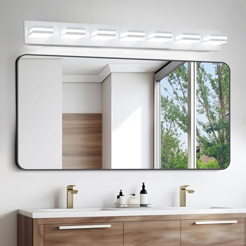 Image of IZORRO LED Modern Bathroom Lights Fixtures(7-Light,Dimmable,360Rotate),Matte White Acrylic Wall Lighting,Vanity Lights for Bathroom Over Mirror - 6000k 40In (No Assembly Required)