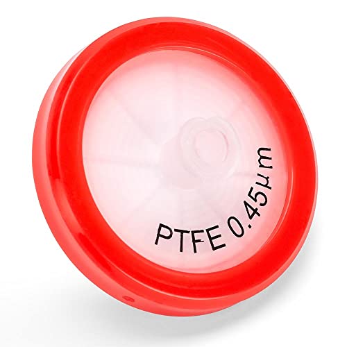 Globe Scientific SF-PTFE-H-4530 Syringe Filter, PTFE Hydrophobic Membrane, 0.45µm Porosity, PP Housing, Non-sterile, Bulk Packed, Red, 30mm Diameter, Pack of 100