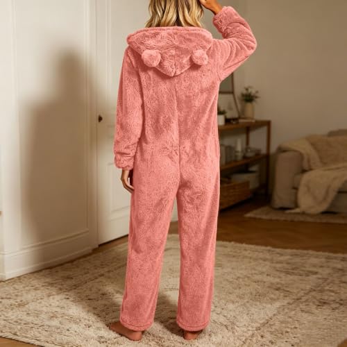 Fleece Pajamas Women Onesie Teddy Bear Ear Hooded Zip Up Fluffy Loungewear - image 7