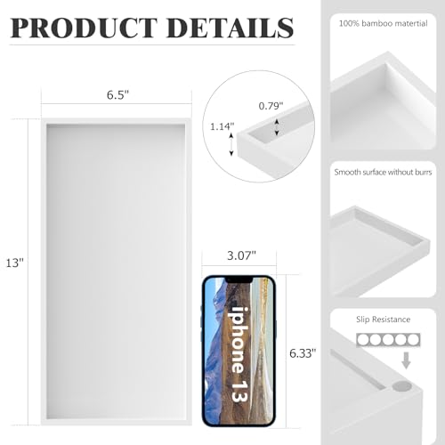 Image of ZHWS Bathroom Vanity Tray for Countertop Perfume Makeup Jewelry Candle Decor, Kitchen Tray for Soap Dispenser Spice Salt, Large Tray for Toilet Tank Paper, Serving Nightstand White 13 inchx6.5 inch