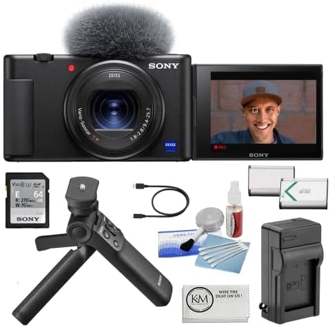 Sony Cámara digital ZV-1  Paquete negro con kit de accesorios Sony Vlogger + batería y cargador + paño de limpieza de microfibra + accesorios de