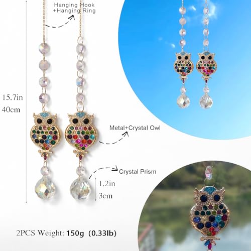 2Pcs Rhinestones Owl Crystal Suncatcher for Windows Hanging, 15.7In Prism Sun Catcher with Chain and Hook,Rainbow Maker for Home Garden Ceiling,Christmas Birthday Wedding Party Owl Gifts — view 2
