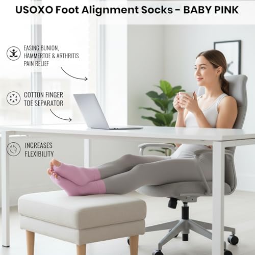 Image of Foot Alignment Socks|Cotton Finger Toe Separator|Easing Bunion Hammertoe And Arthritis Pain Relief|Improving Posture & Increasing Flexibility|Free Size For Office Yoga Men & Women (Baby Pink)