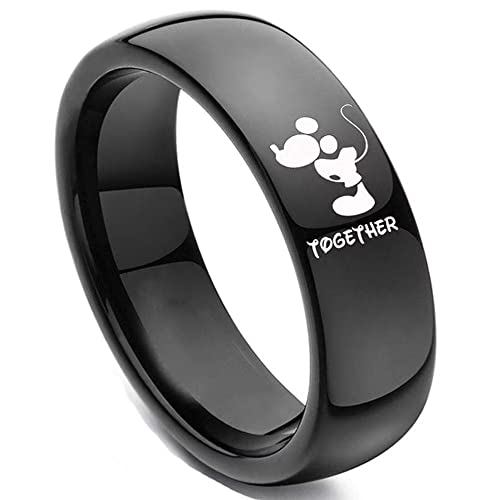XAHH His and Hers Titanium Steel Couple Rings Mickey Mouse Kiss Forever Together Promise Wedding Band Black【Please Buy 2 Rings as a Pair】2