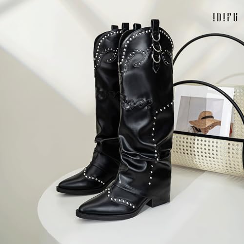 IDIFU IN2 Fold Over Cowboy Boots for Women Cowgirl Knee High Western Embroidered Pointed Toe Slouchy Low Short Block Chunky Heel Zipper Comfort Fashion Cute Trendy Prom Dressy Fall Boots 5