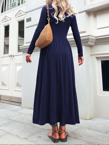 Image of Mieazom Long Sleeves Maxi Dress for Women A Line 2025 V Neck Casual Button Boho Tshirt Long Dress with Pockets