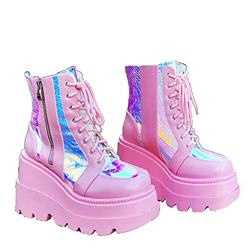 Sungtin Goth Wedge Platform Ankle Boots,Vintage Lace Up Zip Chunky Combat Boots Round Toe High Heel Boots,Pink 4
