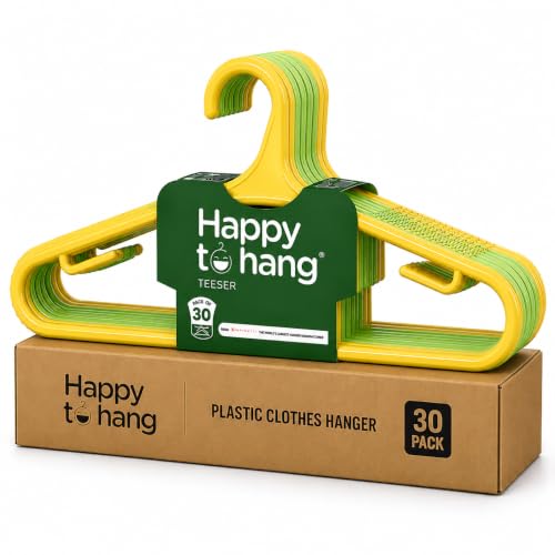 Image of Happy To Hang Teeser Plastic Cloth Hangers | Stylish Italian Design | Hanger Set for Clothes, Tees, Shirts, Sarees & Wardrobe Storage | Almirah Hanger | Pack of 30 (Yellow & Green)