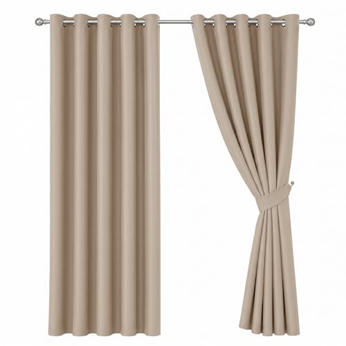 Oxford Homeware Blackout Curtains for Bedroom Beige 46x54 Inch Eyelet Curtains for Living Room Privacy Protection Thermal Curtains 2 Panels with Tiebacks