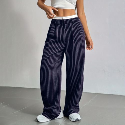 Womens Casual Pants Stripe Patchwork High Waist Wide Leg Trousers Business Work Office Suit Palazzo Pants with Pocket2