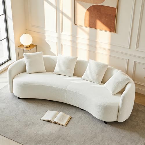 Modern Curved Bouclé Sofa, 101" Cloud Couch with Solid Wood Frame & Raindrop Textured Fabric, Elegant No-Assembly Deep Seat Sofa for Living Room, Office, Apartment, Cream White