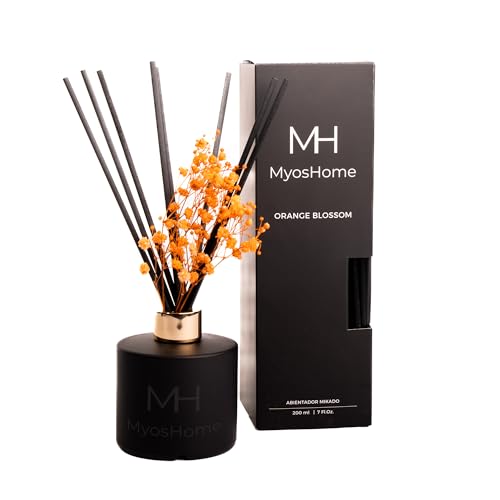 Myoshome Ambientador Mikado Negro Mate con Embellecedor Dorado y Flores Secas, Mikado Ambientador Varillas, 200 ml, Recipiente Elegante e Individual para Decoración y Fragancia. (Orange Blossom)