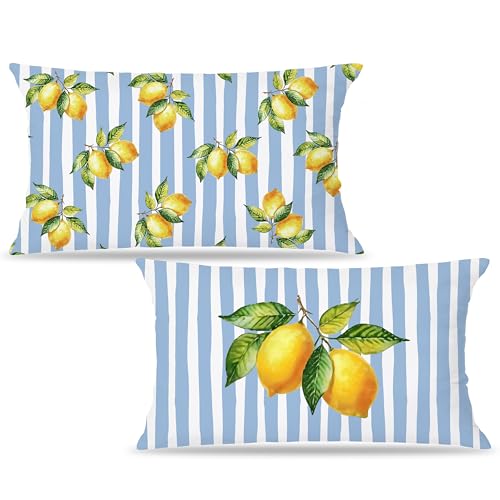 Image of Striped Blue and Yellow Summer Italian Mediterranean Amalfi Coast Lemon Pillow Cover Decor 12x20,Italian Decorative Throw Pillow Cover Decor for Couch Double-Sided Set of 2