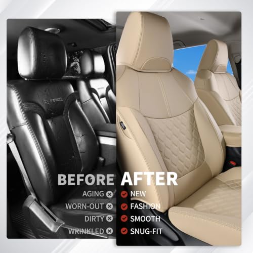 Image of Huidasource Custom Fit RAV4 (Gas Only) Front Seat Covers, Beige Waterproof Faux Leather Full-Coverage for 2019-2024 Toyota RAV4 LE /XLE & XLE Premium /Limited (Does Not Fit Adventure and TRD Off-Road)