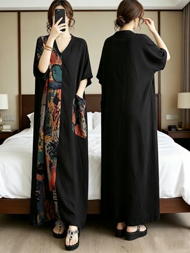 Image of Plus Size Summer Dress Printed V Neck Casual Loose Long Dresses with Pockets