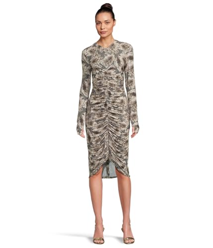 Norma Kamali Women's Long Sleeve V Neck Shirred Front Dress to Knee