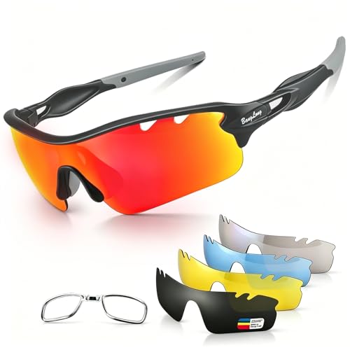 BangLong Polarized Sports Sunglasses Cycling Sun Glasses for Men Women with 5 Interchangeable Lenes for Running Baseball Golf