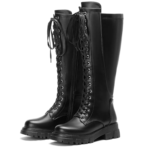 Women Platform Riding Knee High Boots Comfort Lace Up Combat Boots Chunky Heel Lug Sole Boots Side Zipper