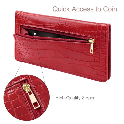 Image of Wallet Women Bifold Faux Crocodile Leather Slim Thin Long Wallets | RFID Blocking, Alligator Texture, Luxury, Credit Cards Holder, Female Woman Ladies Purse,Zipper Coin Pocket, Burgundy Croc