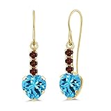 Gem Stone King 2.24 Ct Heart Shape Swiss Blue Topaz Red Garnet 14K Yellow Gold Earrings
