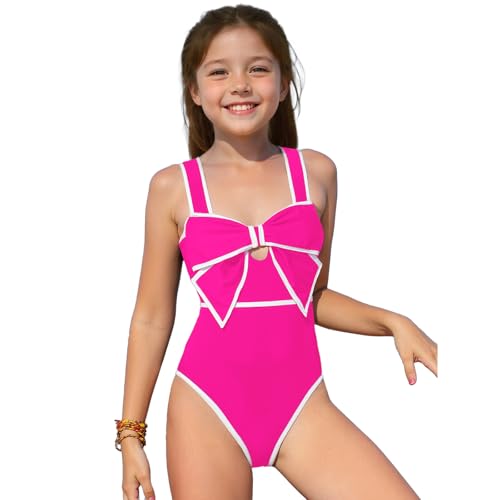 Girls Swimsuits, One Piece Bow Front Bathing Suit for Teens Wide Straps Kids Swimwear Size 8-16